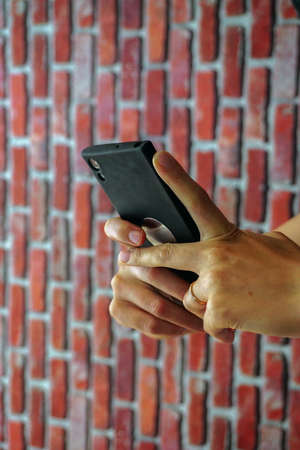 Smartphone photography in woman hand close up viewの写真素材