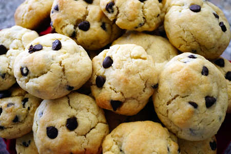 Chocolate chip cookie in hand close up viewの写真素材