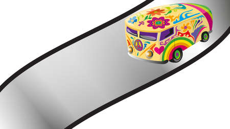 Colorful hippie bus on the road template backgroundの写真素材