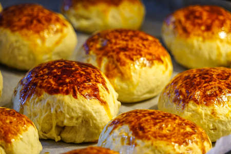 Homemade freshly baked dough pastry close up viewの写真素材