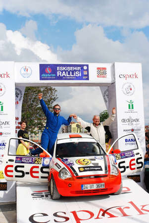 11 May 2013, Eskisehir Turkey. Eskisehir Rally Competitors on the finish tag celebratingのeditorial素材