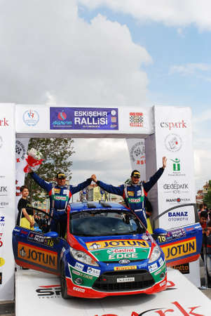 11 May 2013, Eskisehir Turkey. Eskisehir Rally Competitors on the finish tag celebratingのeditorial素材