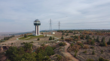 29 December 2020 Eskisehir Turkey. Scenery tower in Eskisehir city forest among the pine trees aerial drone viewのeditorial素材