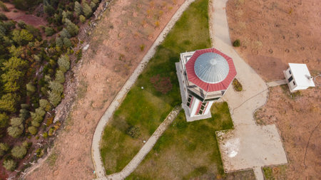 29 December 2020 Eskisehir Turkey. Scenery tower in Eskisehir city forest among the pine trees aerial drone viewのeditorial素材