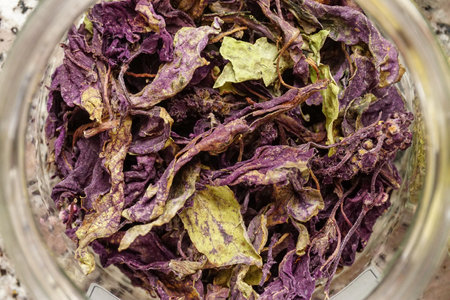 Dried purple basil in the jar close up viewの写真素材