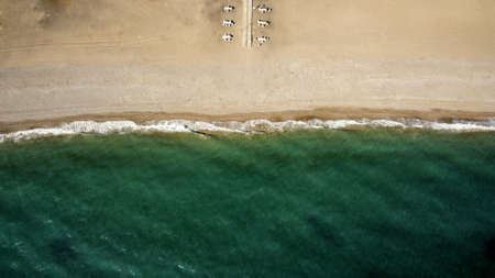 Empty beach coastline in the autumn aerial drone viewの写真素材