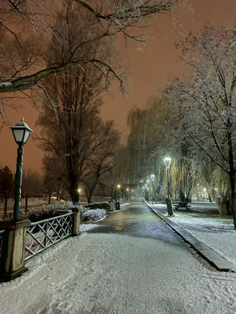 Frozen Porsuk river in Eskisehir at Kanlikavak park at night snow scenesの写真素材