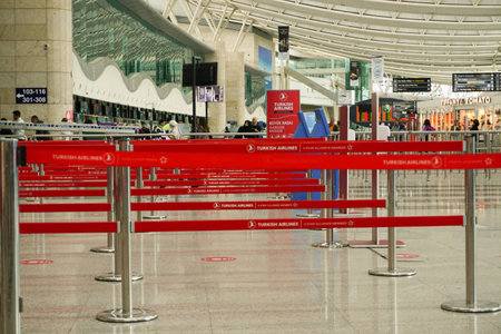 7 May 2022 Ankara Turkey. Turkish airlines check in lines in Esenboga airportのeditorial素材
