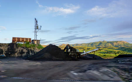 Coal mining facility with conveyor close up viewの写真素材