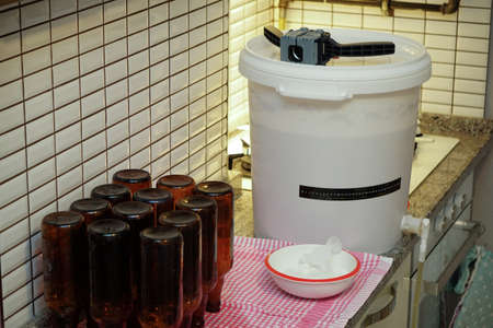 Brewing home beer process at home in the kitchenの写真素材