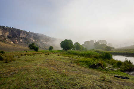Camping in the nature waking up into a misty sunriseの写真素材