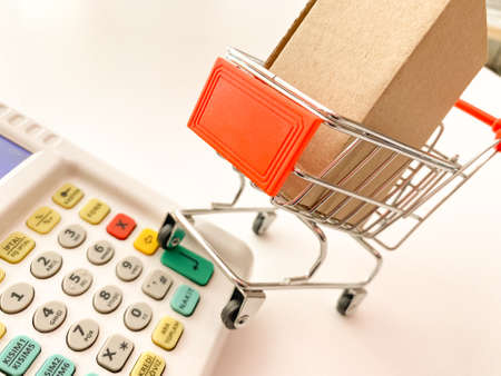 Mini shopping cart with crate in the shopping making payment on isolated backgrounds