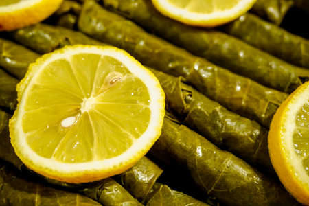 Stuffed grape leaves Yaprak Sarma traditional Turkish food close up viewの写真素材