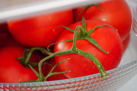Fresh tomatoes in the fridge close up viewの写真素材
