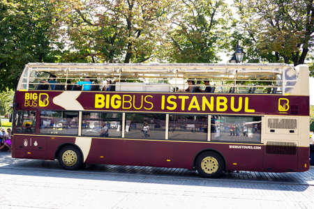 24 July 2017 Istanbul Turkey. Purple sight seeing bus in Istanbul Turkey