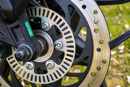 29 October 2023 Eskisehir Turkey. Bike brake rotor and disc with abs close up viewの写真素材