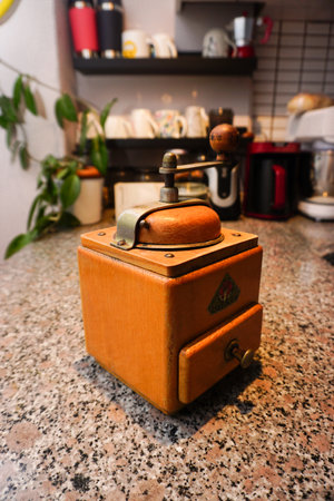 14 July 2023 Eskisehir Turkey. Old coffee grinder in kitchen close up viewの写真素材