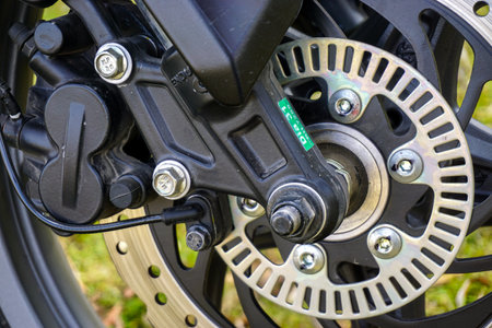 29 October 2023 Eskisehir Turkey. Bike brake rotor and disc with abs close up viewの写真素材