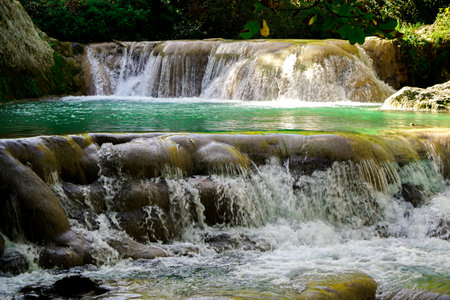 Gurleyik waterfall and water powered grain mill in Mihaliccik Eskisehir Turkeyの写真素材