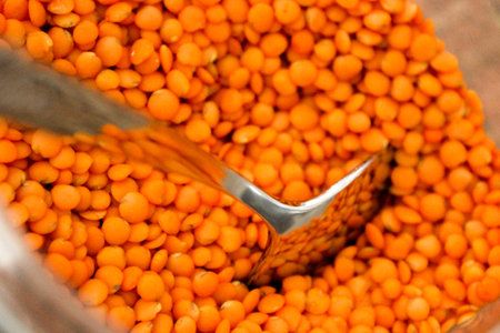 Lentil soup preparation in the kitchen close up viewの写真素材