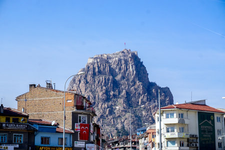 4 February 2024 Afyonkarahisar Turkey. Afyonkarahisar castle and Afyon cityscape from castle on a...