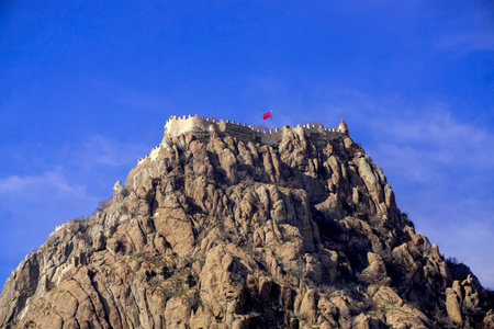4 February 2024 Afyonkarahisar Turkey. Afyonkarahisar castle and Afyon cityscape from castle on a...