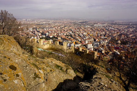 4 February 2024 Afyonkarahisar Turkey. Afyonkarahisar castle and Afyon cityscape from castle on a...