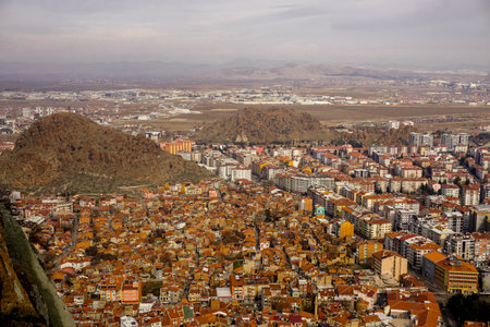 4 February 2024 Afyonkarahisar Turkey. Afyonkarahisar castle and Afyon cityscape from castle on a...