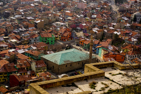 4 February 2024 Afyonkarahisar Turkey. Afyonkarahisar castle and Afyon cityscape from castle on a cloudy winter dayの写真素材
