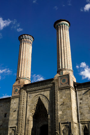 13 July 2025 Erzurum Turkey. Double Minaret Madrasah and Museum in Erzurum Turkey with artchitectural details and old artifacts museumの写真素材