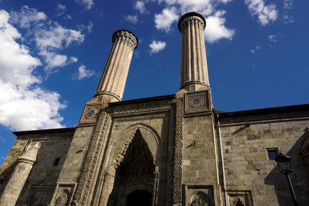 13 July 2025 Erzurum Turkey. Double Minaret Madrasah and Museum in Erzurum Turkey with artchitectural details and old artifacts museumの写真素材