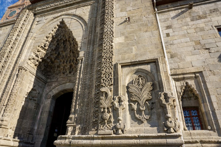 13 July 2025 Erzurum Turkey. Double Minaret Madrasah and Museum in Erzurum Turkey with artchitectural details and old artifacts museumの写真素材