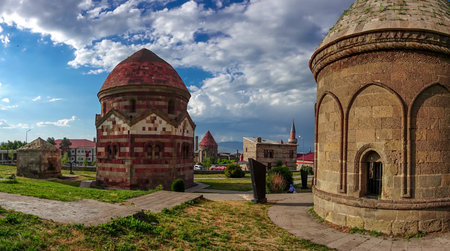 13 July 2025 Erzurum Turkey. Three tombs historical artifacts from Saltuk Era in Erzurum city center.の写真素材