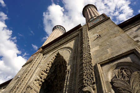 13 July 2025 Erzurum Turkey. Double Minaret Madrasah and Museum in Erzurum Turkey with artchitectural details and old artifacts museumの写真素材