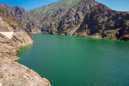 14 July 2025 Tortum Erzurum. Tortum waterfall, tortum dam, lake and fish farms on the lake on a sunny day.の写真素材