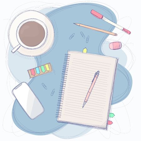 Simple working desk illustration with notepad and cup of coffee.のイラスト素材