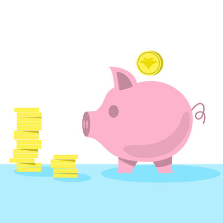 Pink cute and simple piggybank, moneybox in a pig shape. Coin stack, yellow money illustrationのイラスト素材