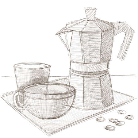 Old style vintage coffee pot with cup and milk. Sketch style hand drawn vector illustration.のイラスト素材