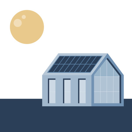 Simple flat illustration of modern efficient house with solar modules on the roof. Eco home using renewable energy.のイラスト素材