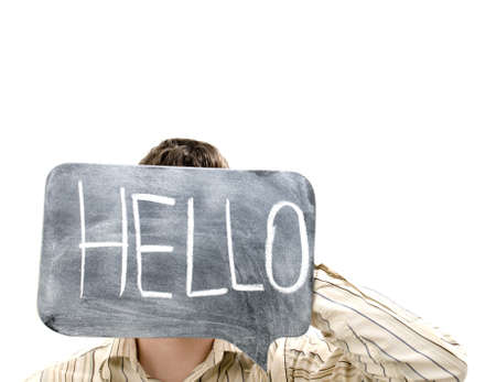 Holding Hello on Chalkboardの写真素材