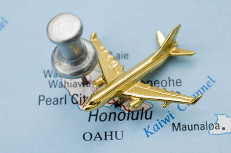Plane and Thumbtack on Map of Hawaii.の写真素材