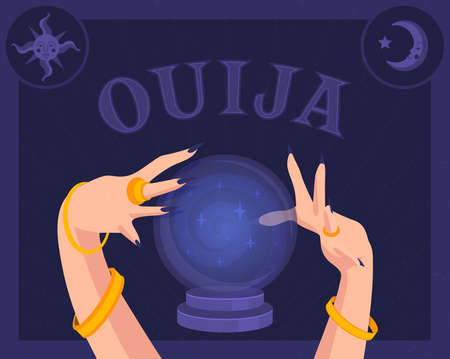 Magical magic ball and hands of a witch in jewelry. In the corner is the sun and moon. Ouija text. Halloween holiday. Flat vector illustration.のイラスト素材