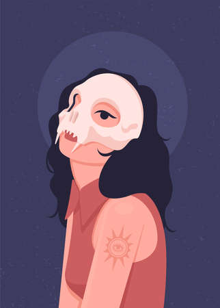 Girl in the costume of a magic witch for Halloween in a red shirt. On the head is the skull of a big cat. Flat vector illustration.のイラスト素材