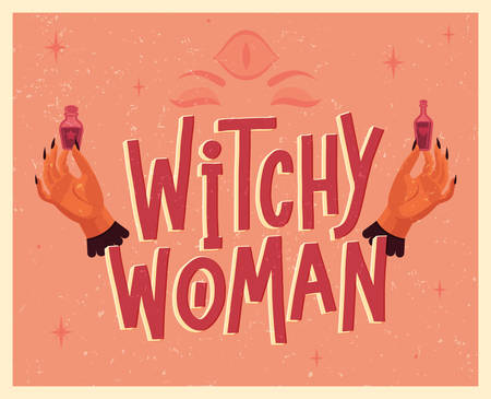 Halloween lettering poster in vintage style. Witch's hands with magic potions. Flat vector illustration.のイラスト素材