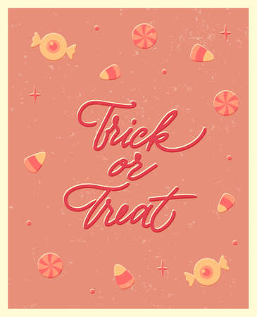 Halloween poster with lettering in vintage style. Trick or treat. Flat vector illustration.のイラスト素材