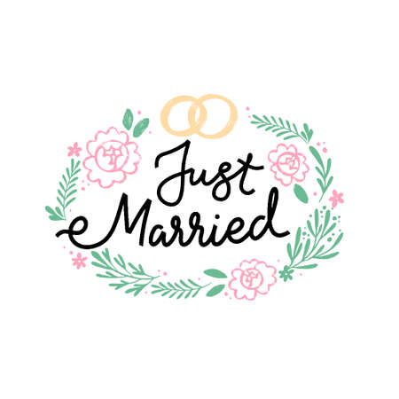Just Married hand drawn vector phrase lettering. Hand-drawn inspires 
 the inscription. Abstract illustration with text on a white background. Rings, dots, leaves and flowers design elementのイラスト素材