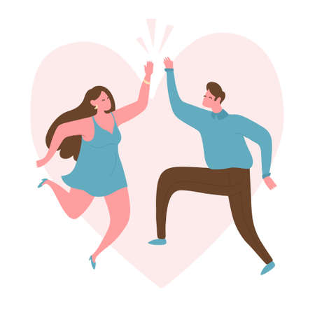 Young couple in a jump make a "high five" gesture. Respect and love for yourself and others. Against the background of the heart. Flat bright vector illustration, minimal style.のイラスト素材