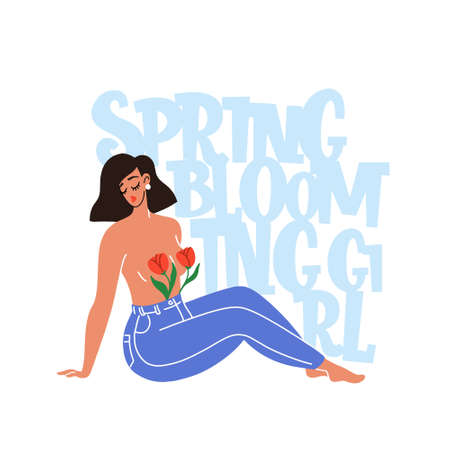 Spring blooming girl hand drawn vector lettering. Hand-drawn inspires and motivates the inscription. Abstract illustration with text.  Girl in jeans sits, and two tulips covering her breasts.のイラスト素材