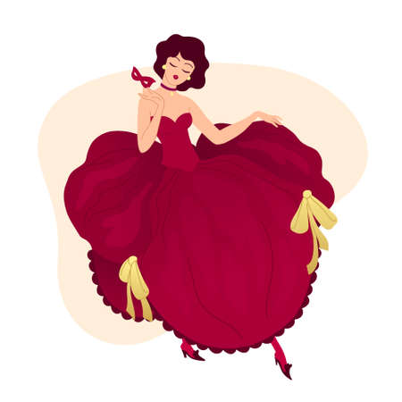 A 1910 girl in a magnificent burgundy dress at a masquerade festival. Graceful pose, legs in shoes. Flat bright vector illustration, minimal style. T-shirt print, postcard, banner design element.のイラスト素材