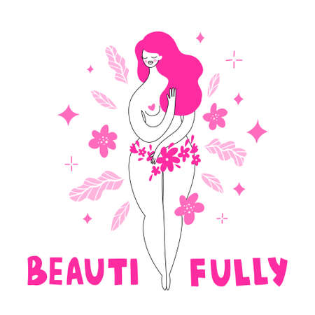 A young girl is standing covering her body with hands and flowers. Body positive and self-love. Against the background of leaves and stars. Flat bright vector illustration, minimal style.のイラスト素材